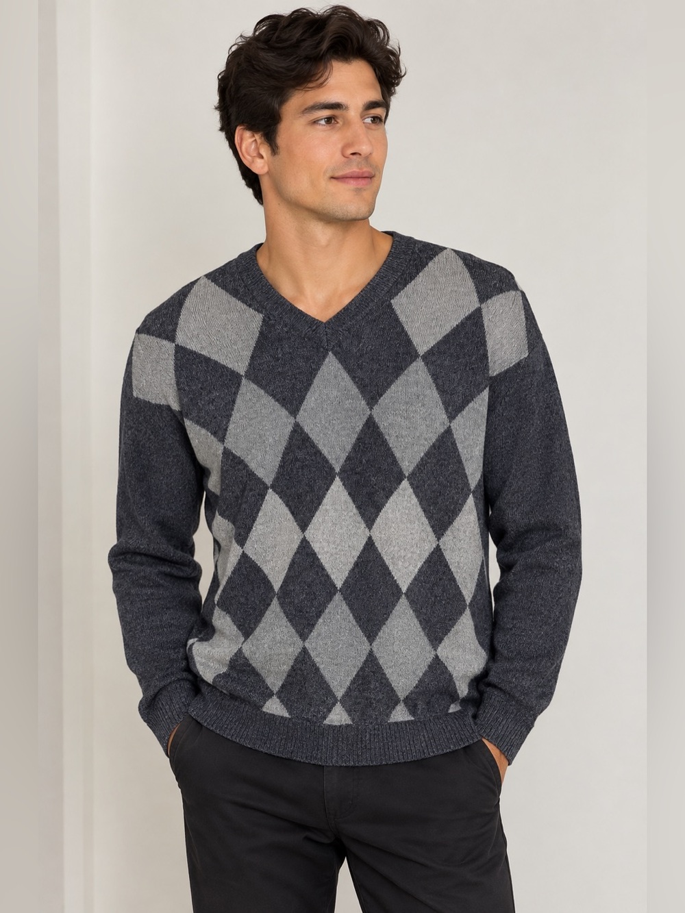 Dockers Men's Charcoal and Light Gray Argyle V-Neck Sweater Size XXL